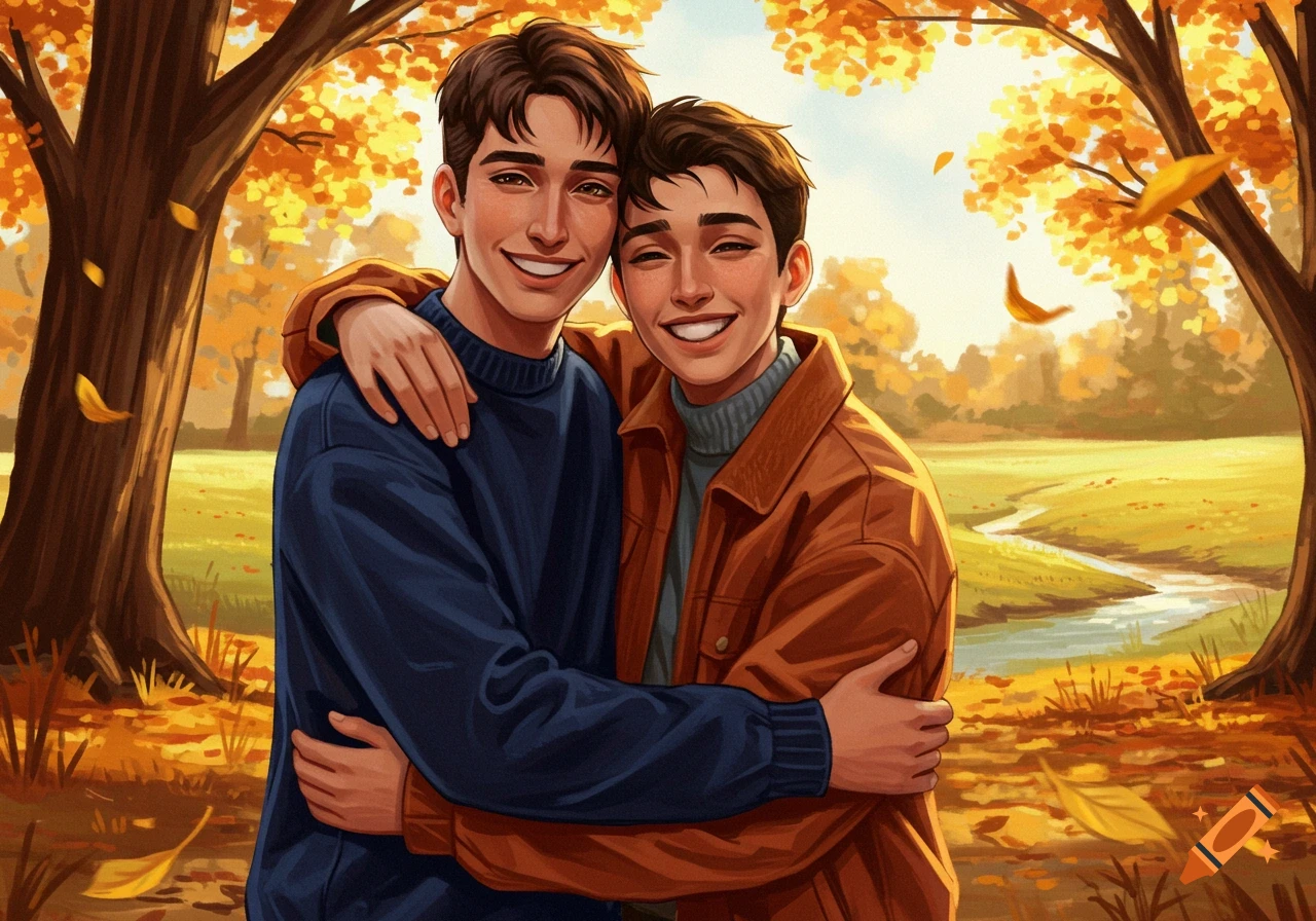 Two smiling young men hug in a vibrant autumn park with golden trees and falling leaves, in an illustration style.