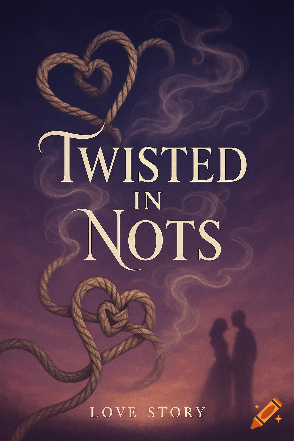 Book cover for 'Twisted in Nots' featuring rope hearts, swirling smoke, and silhouettes of a couple against a sunset sky.