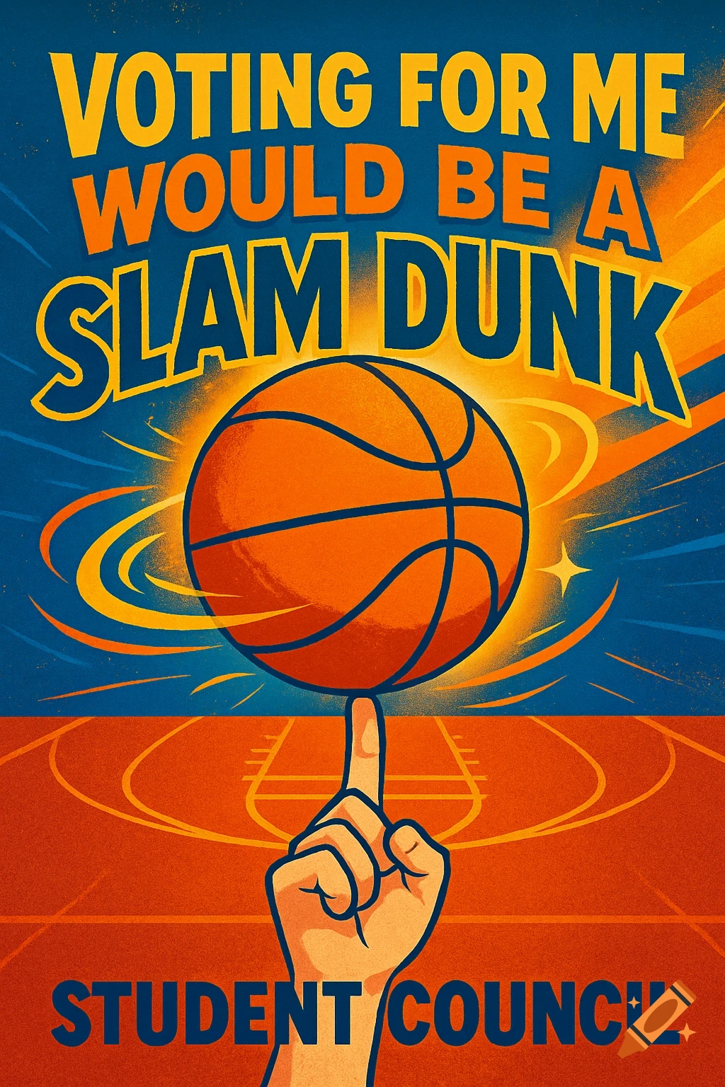 Retro-style student council election poster with a hand balancing a glowing basketball and the text 'Voting for me would be a slam dunk' and 'Student Council'.