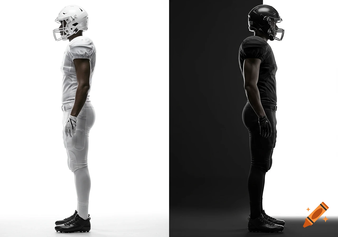 Side profile of two football players: one in a white uniform on a white background, the other in a black uniform on a black background.