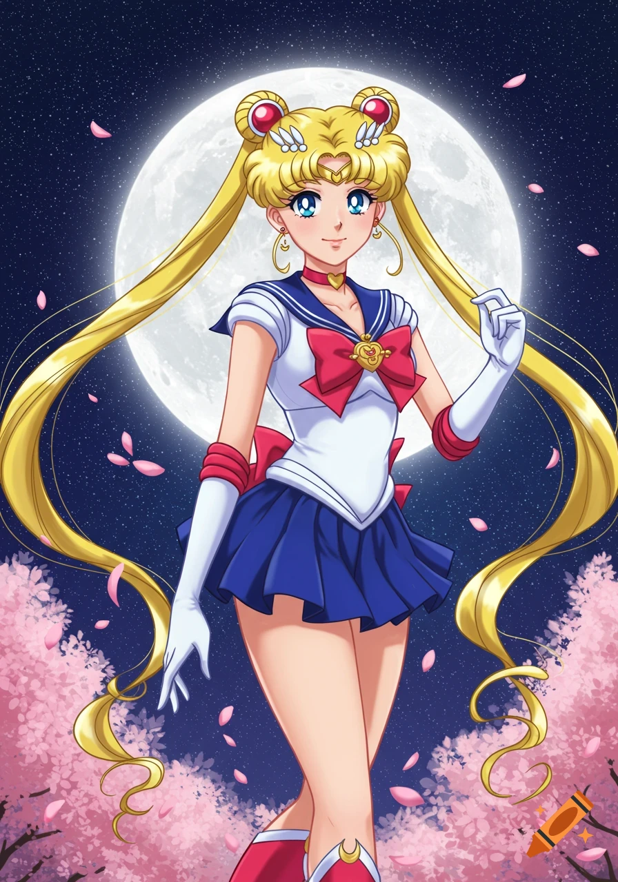 An anime illustration of Sailor Moon standing in front of a full moon with pink cherry blossoms and falling petals.