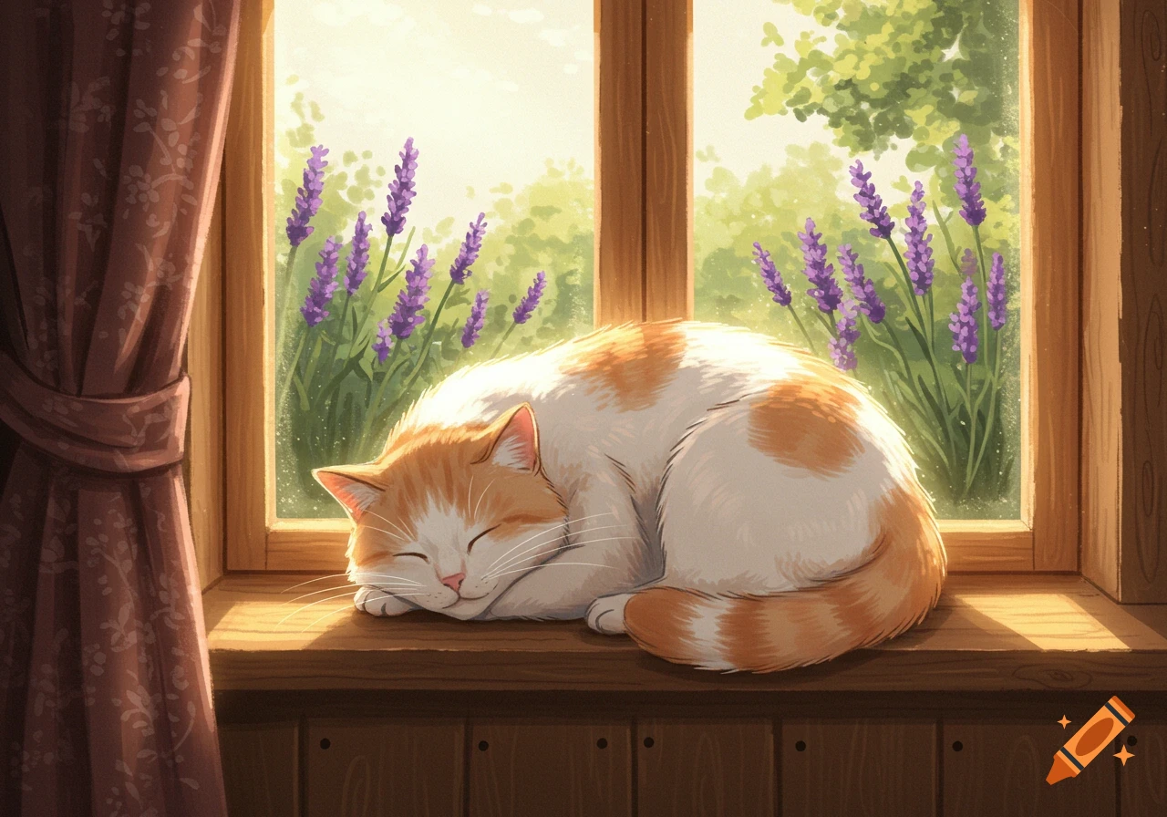 An orange and white cat sleeps on a sunny wooden windowsill with lavender flowers outside, in an illustrative style.