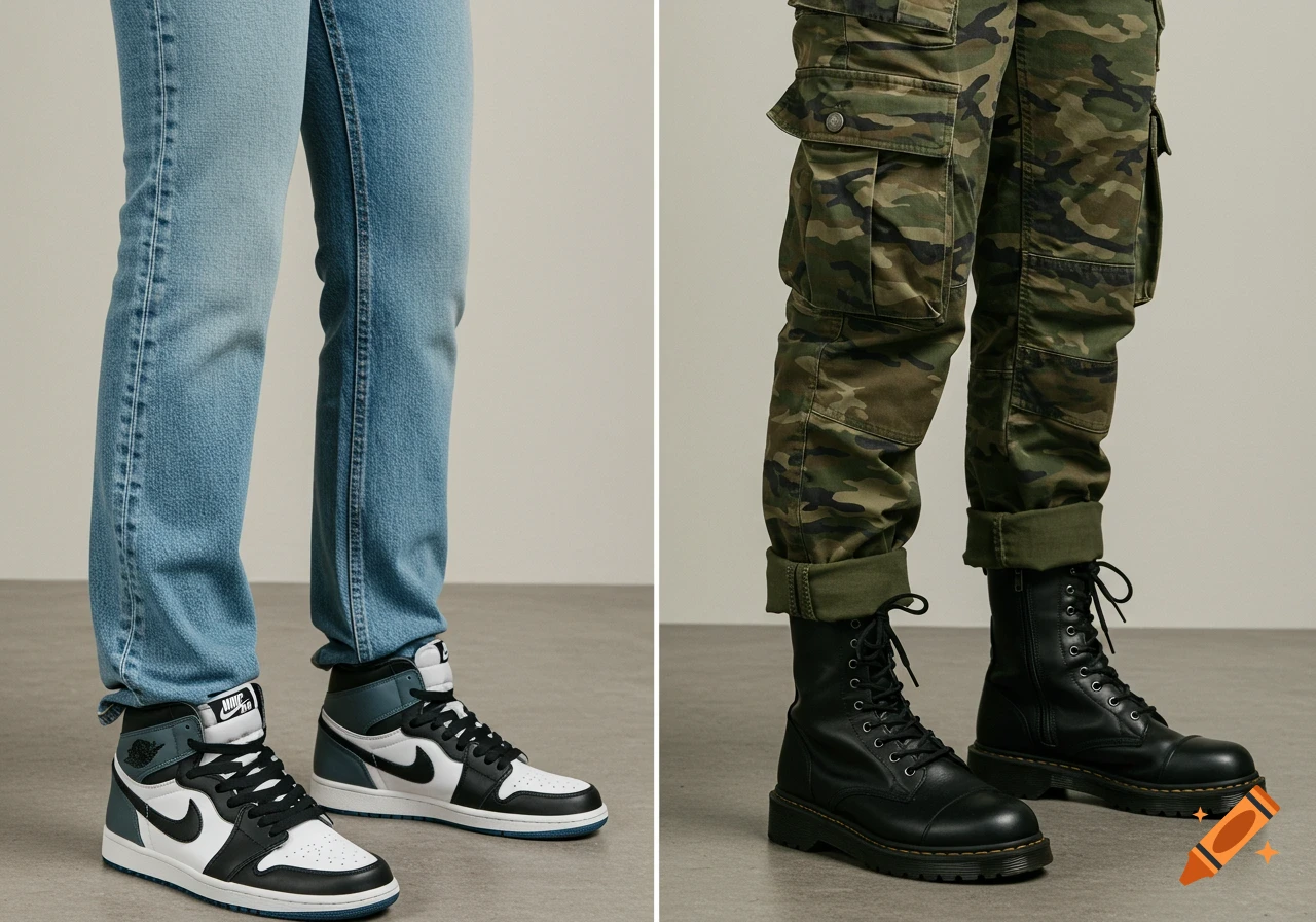 A split image showing light blue jeans and black-and-white Air Jordans on the left, and camouflage cargo pants with black combat boots on the right.
