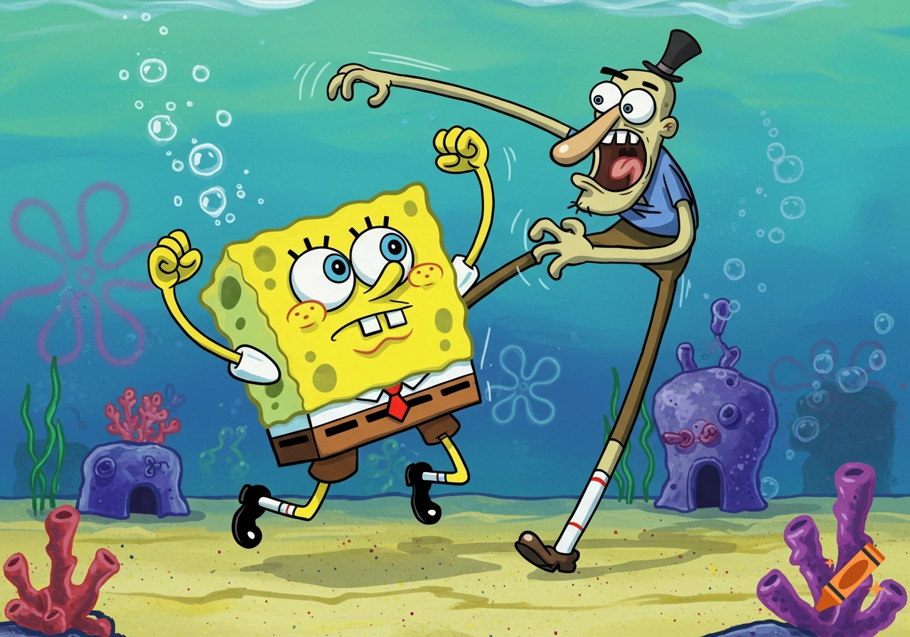SpongeBob SquarePants kicks a tall, lanky, surprised man with a top hat in a cartoon underwater scene.