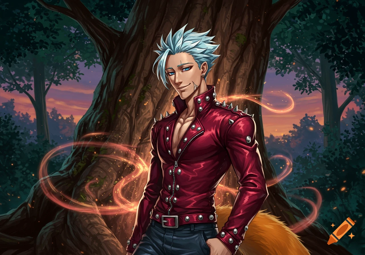 Anime character Ban from Seven Deadly Sins in a red studded jacket, smiling in a magical forest at sunset.