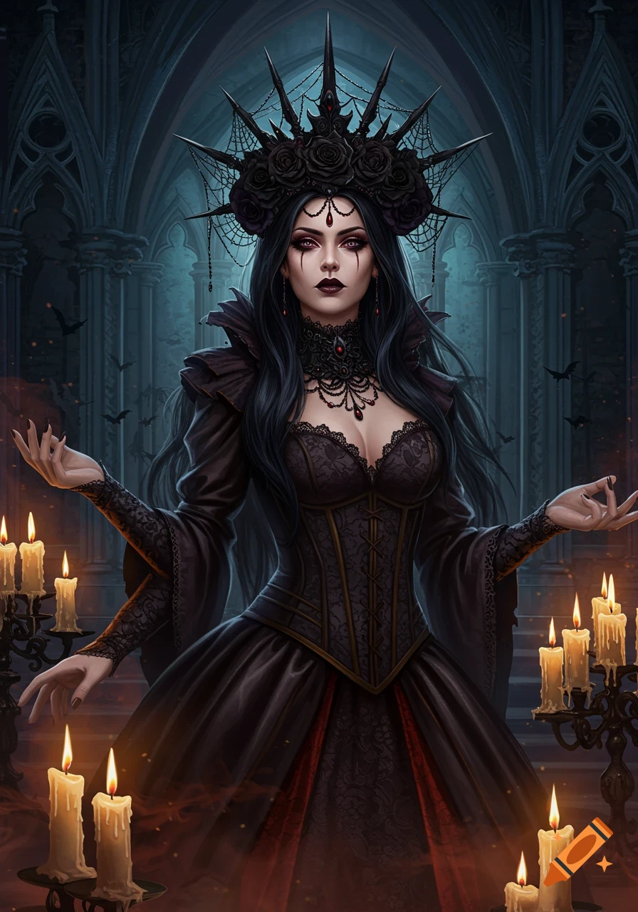A gothic queen with a black rose and spiderweb crown stands in a cathedral, surrounded by flickering candles and bats, digital art.