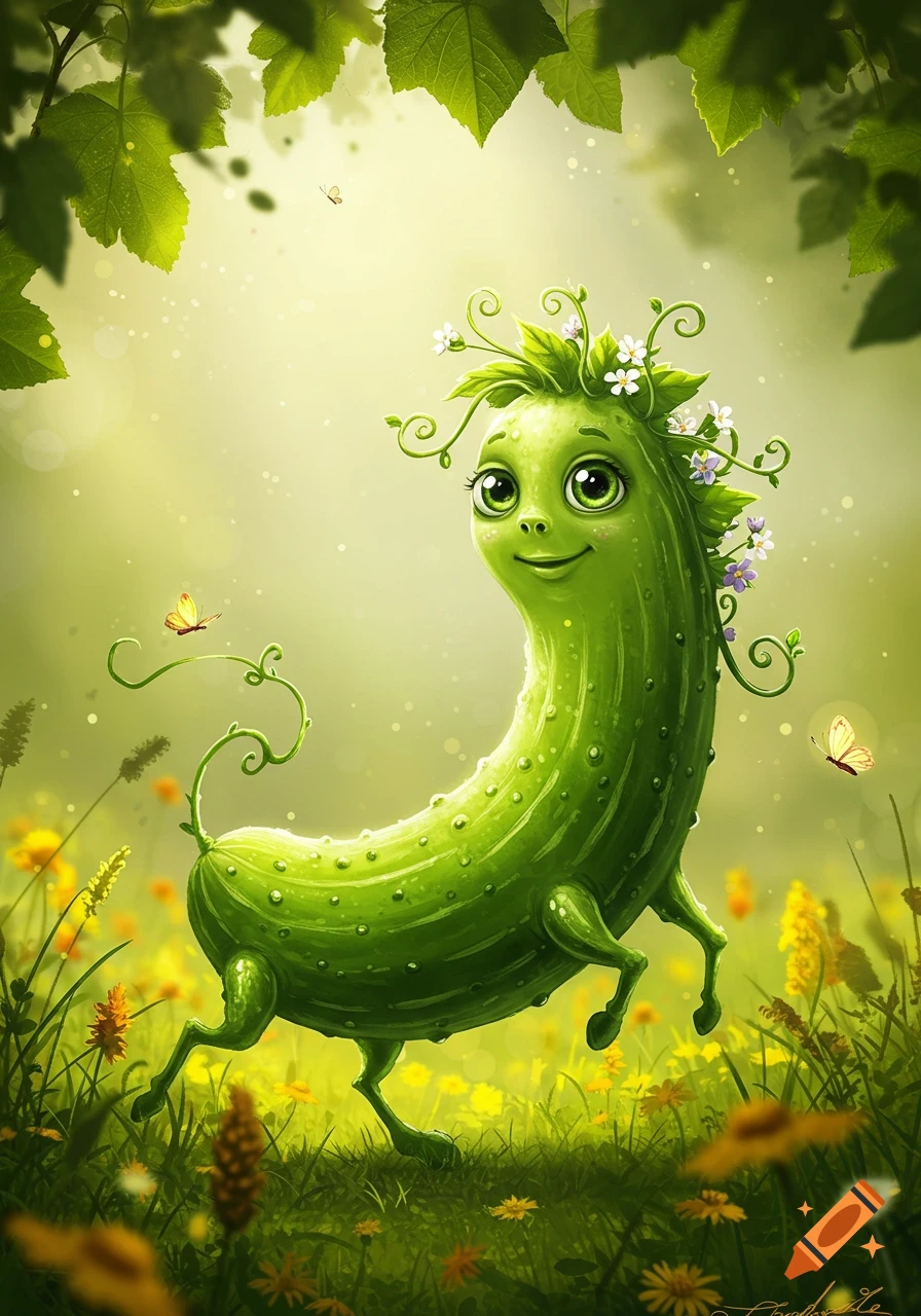 A whimsical green cucumber creature with a smiling face, leaves, and flowers on its head, stands in a sunny field with butterflies.