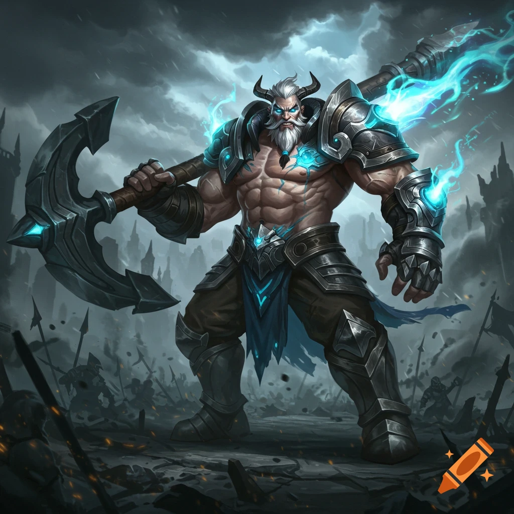 A mighty horned barbarian warrior in glowing blue armor holds a large axe on a stormy battlefield, digital art.