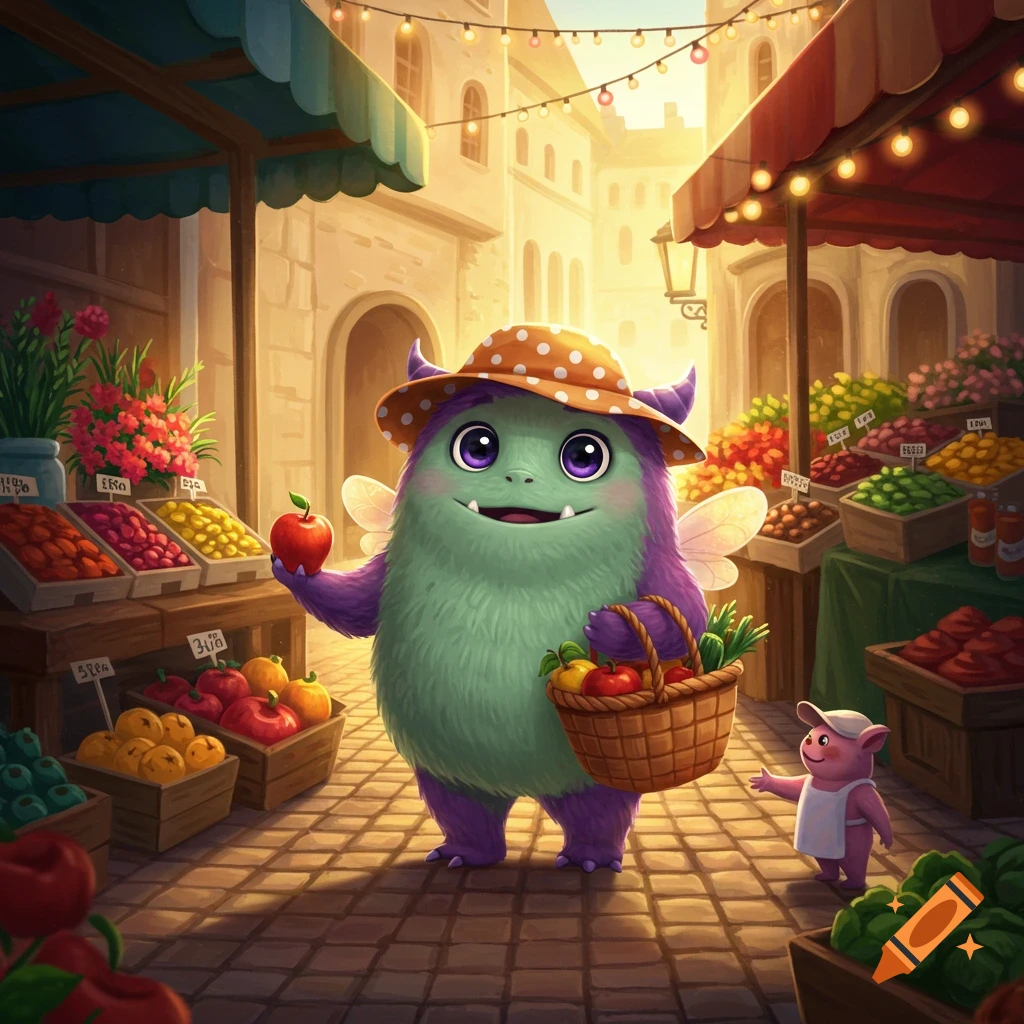 A cute, fuzzy green and purple monster in a polka-dot hat shops at a sunny market, holding an apple and a basket, with a small pig nearby, cartoon style.