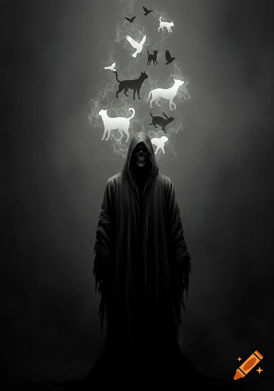 Hooded Grim Reaper with a skull face in a dark setting, with animal silhouettes rising like smoke from its head. Dark fantasy art.