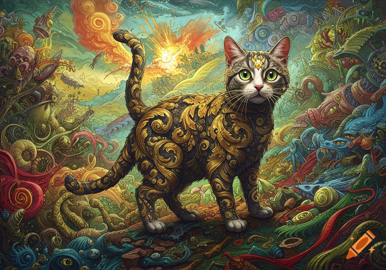 A cat with golden ornate patterns stands in a vibrant, detailed, psychedelic landscape, in the style of Andrew Schoultz.
