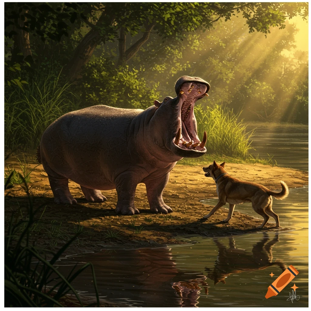 A large hippo with its mouth wide open faces a small dog on a sunny riverbank in a lush forest, light rays piercing through trees.