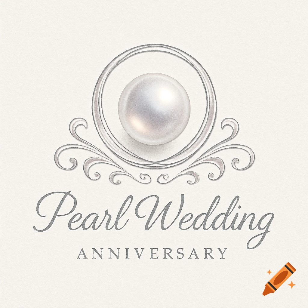 A silvery-white pearl in a decorative frame with 'Pearl Wedding ANNIVERSARY' text on a textured cream background.
