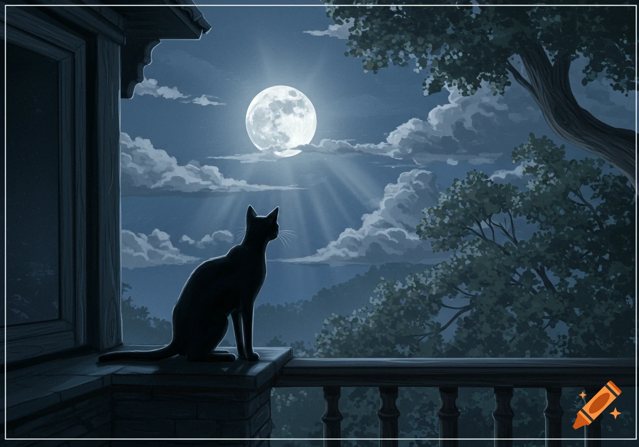 A black cat sits on a balcony railing at night, looking up at a bright full moon with clouds and trees in a stylized illustration.
