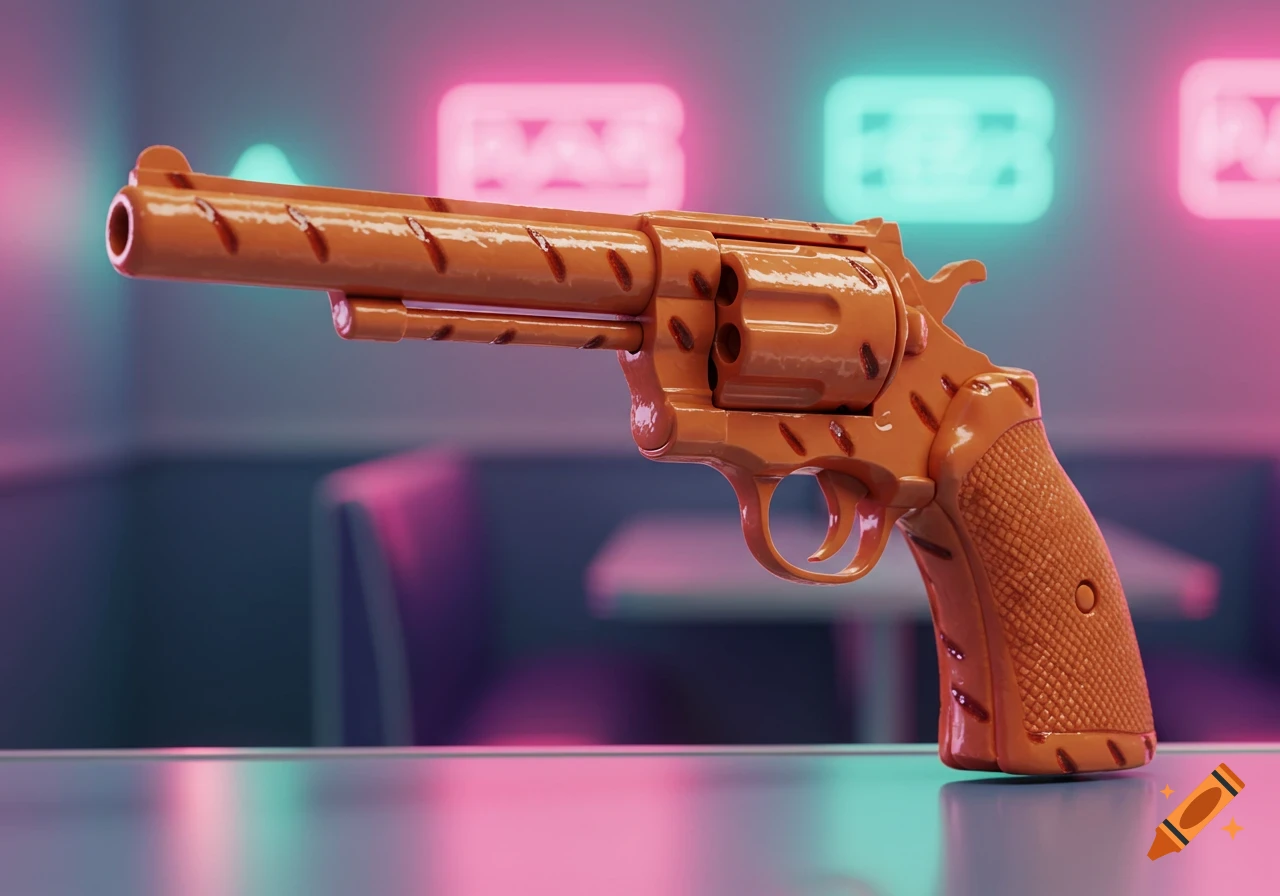 A stylized revolver made of orange hotdogs with brown grill marks, on a reflective surface against a neon-lit background.