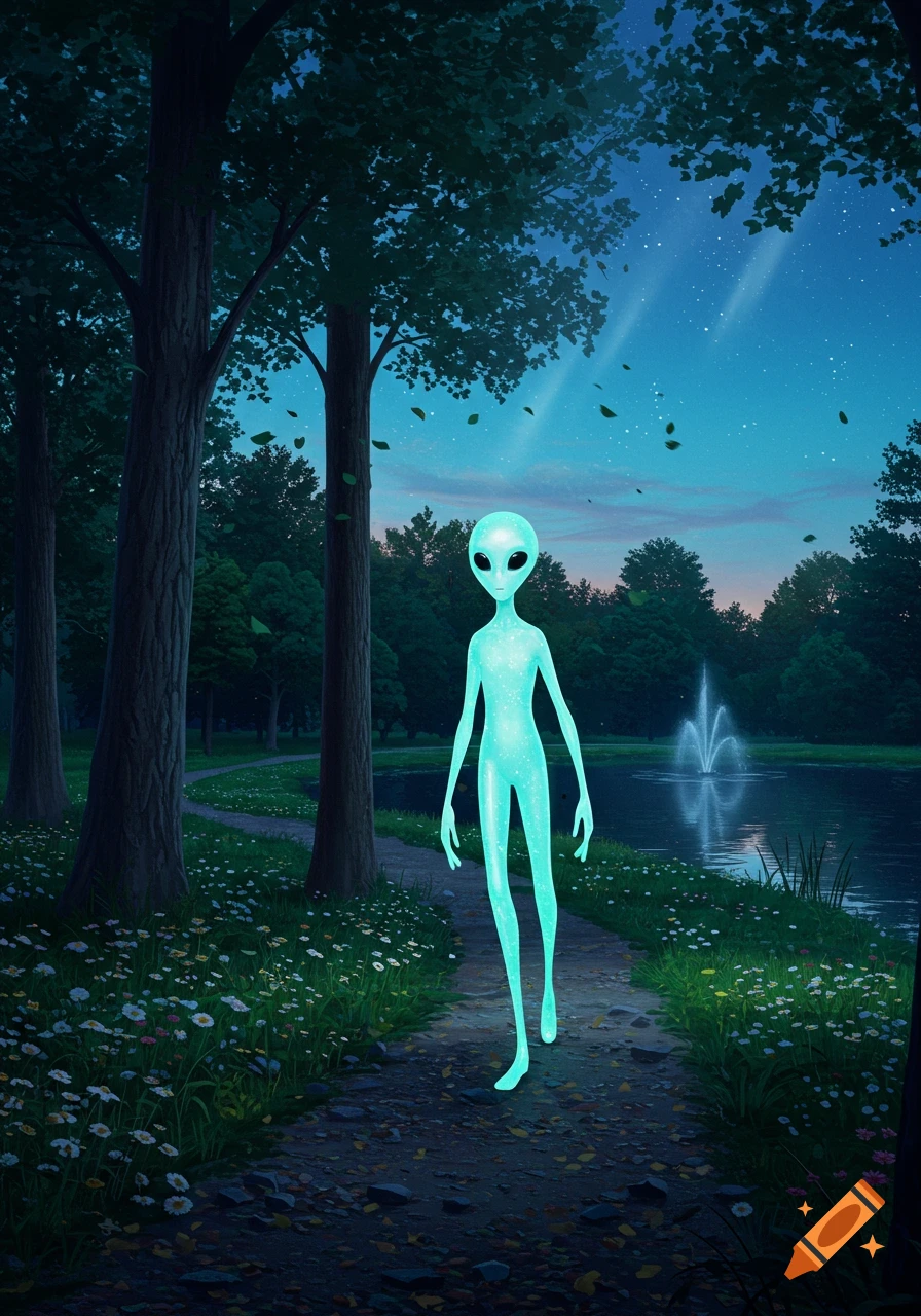 A glowing, teal alien walks on a path through a moonlit park with trees, flowers, and a fountain in a pond.