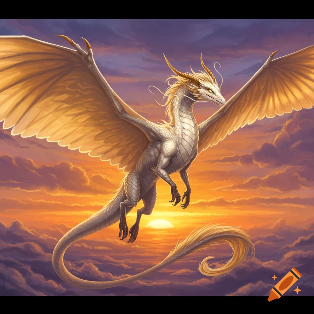 A majestic white dragon with golden feathered wings and tail flies across a vibrant orange and purple sunset sky.