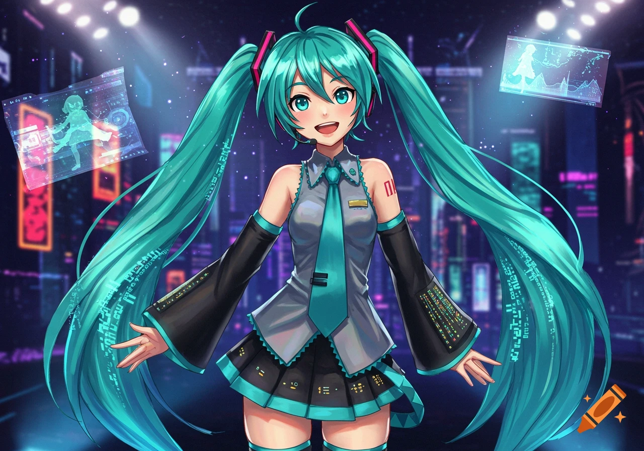 An anime girl with long teal pigtails, wearing a grey and black outfit with a teal tie, stands under spotlights with glowing holographic screens in the background.