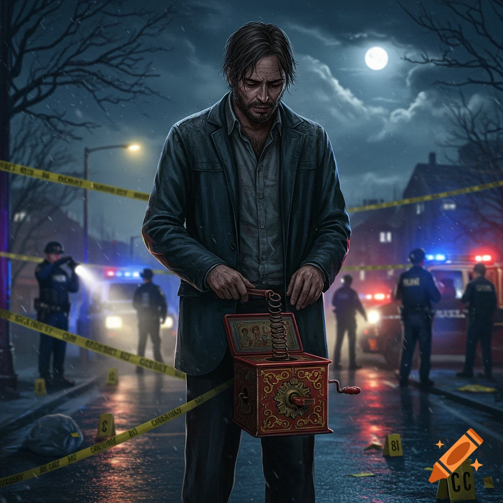 A somber man holds an open jack-in-the-box at a rainy night crime scene with police and yellow tape, illustrated.