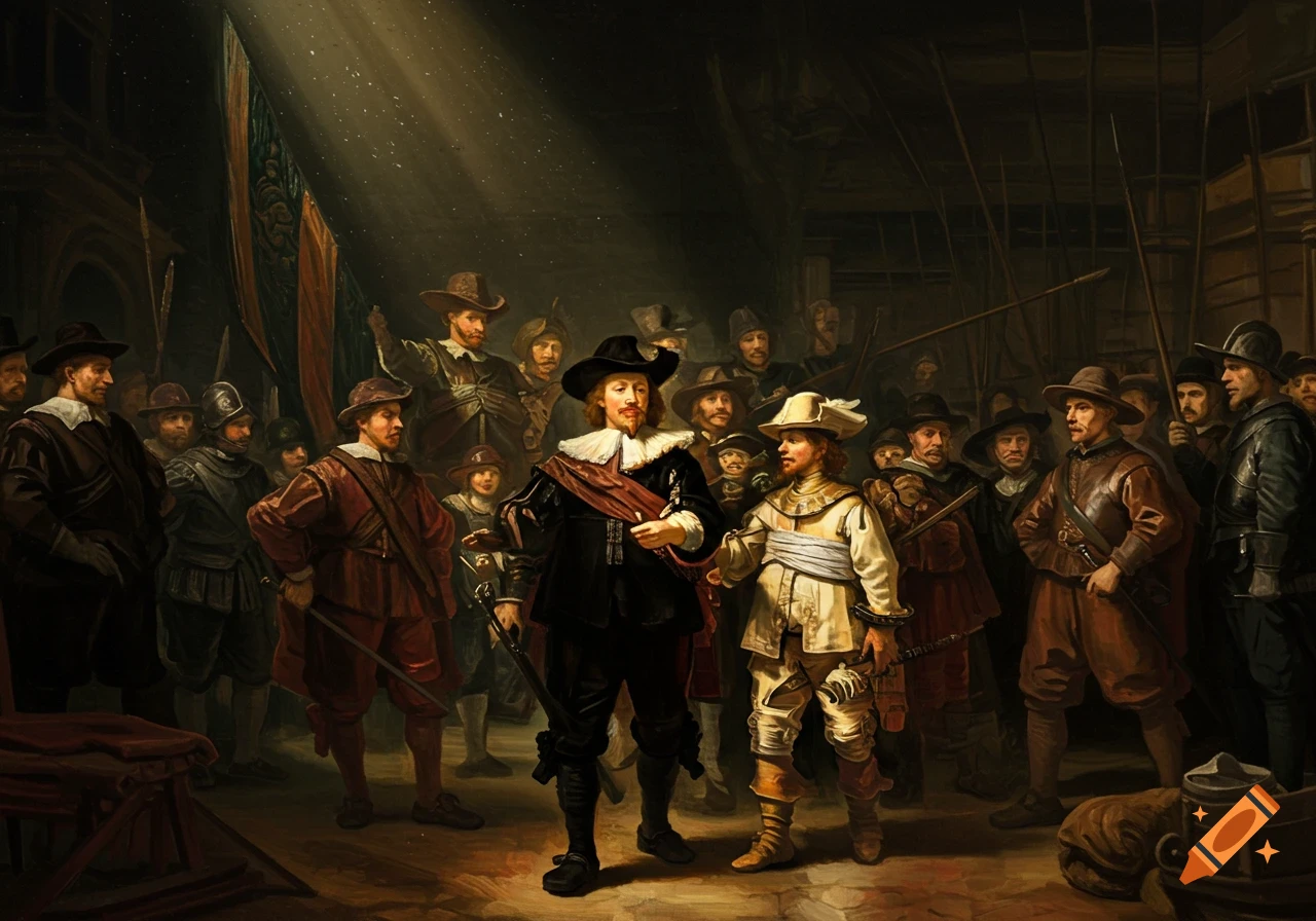 A dark, classical painting depicting a large group of 17th-century men in military attire, dramatically lit like Rembrandt's The Night Watch.