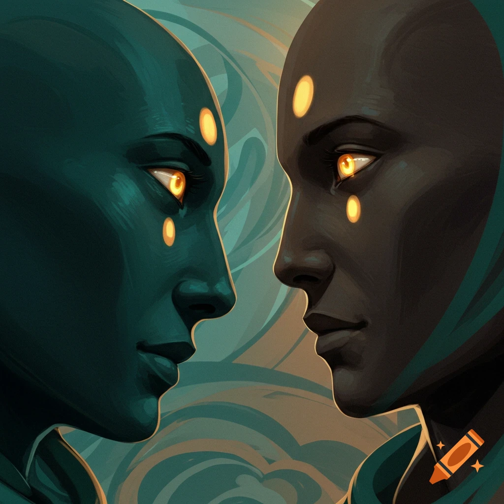 Two bald, dark-skinned figures with glowing yellow eyes and facial markings face each other in profile against an abstract background, digital art.