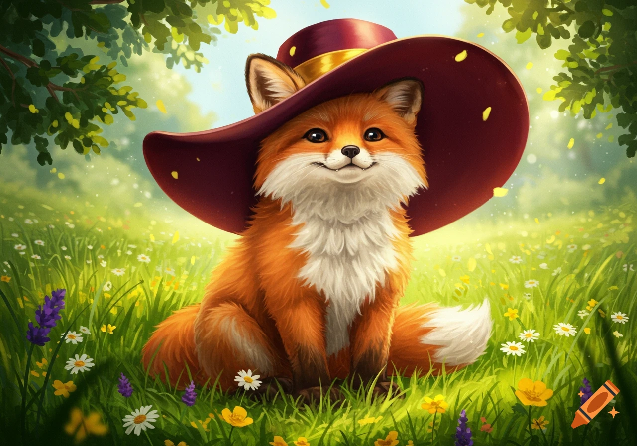 A cute, smiling fox wearing a big maroon hat sits in a vibrant green field with colorful wildflowers under sunny trees.