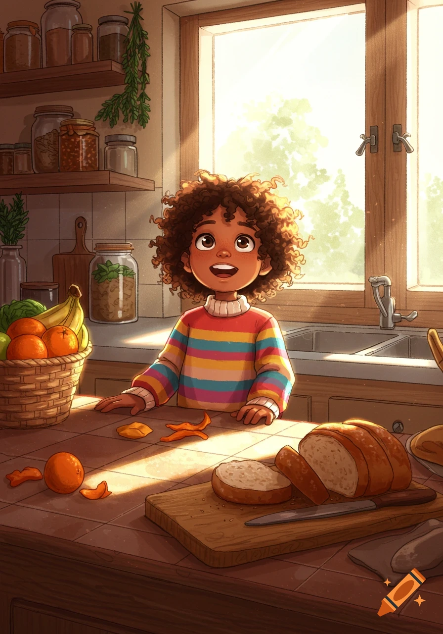 Cartoon illustration of a smiling child with curly hair in a colorful sweater standing at a kitchen counter with bread and fruit, bathed in warm sunlight.