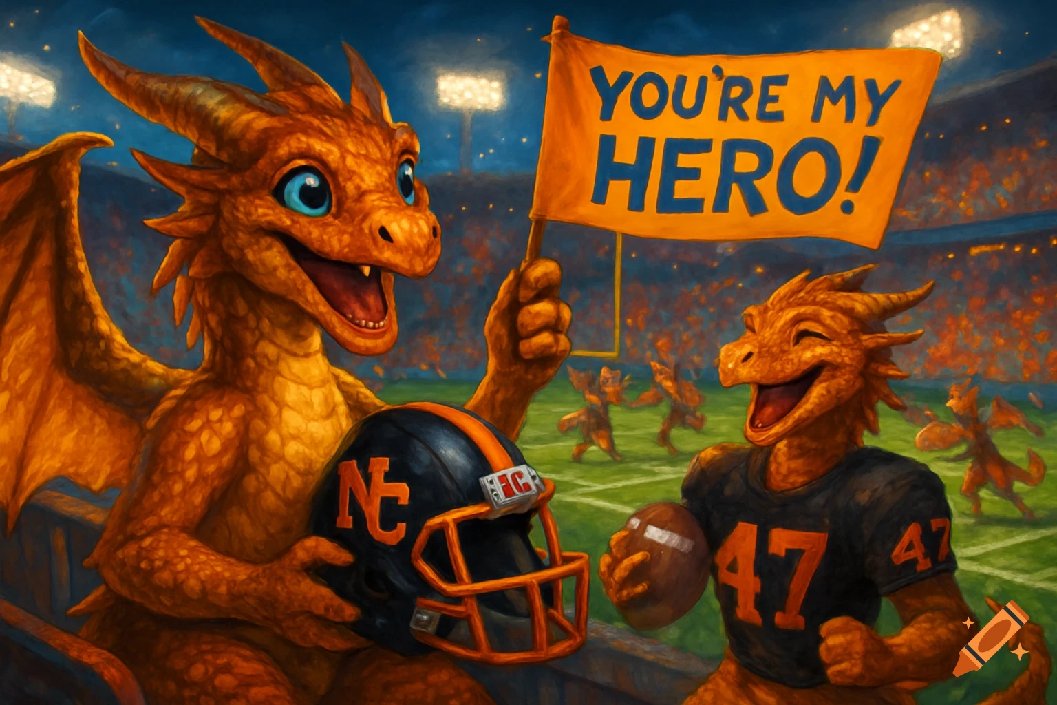 An illustrated scene of an orange dragon in stadium stands cheering for another orange dragon playing football, holding a banner that reads 'You're my Hero!'