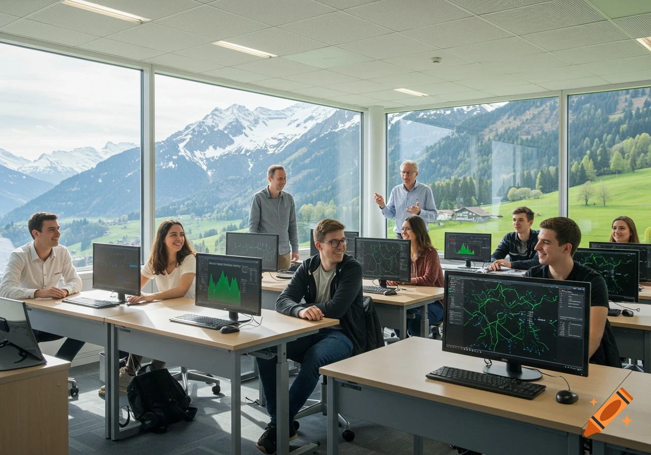 Students in a modern classroom with large windows overlooking snowy mountains and green hills. They are seated at computers, listening to two instructors standing nearby.