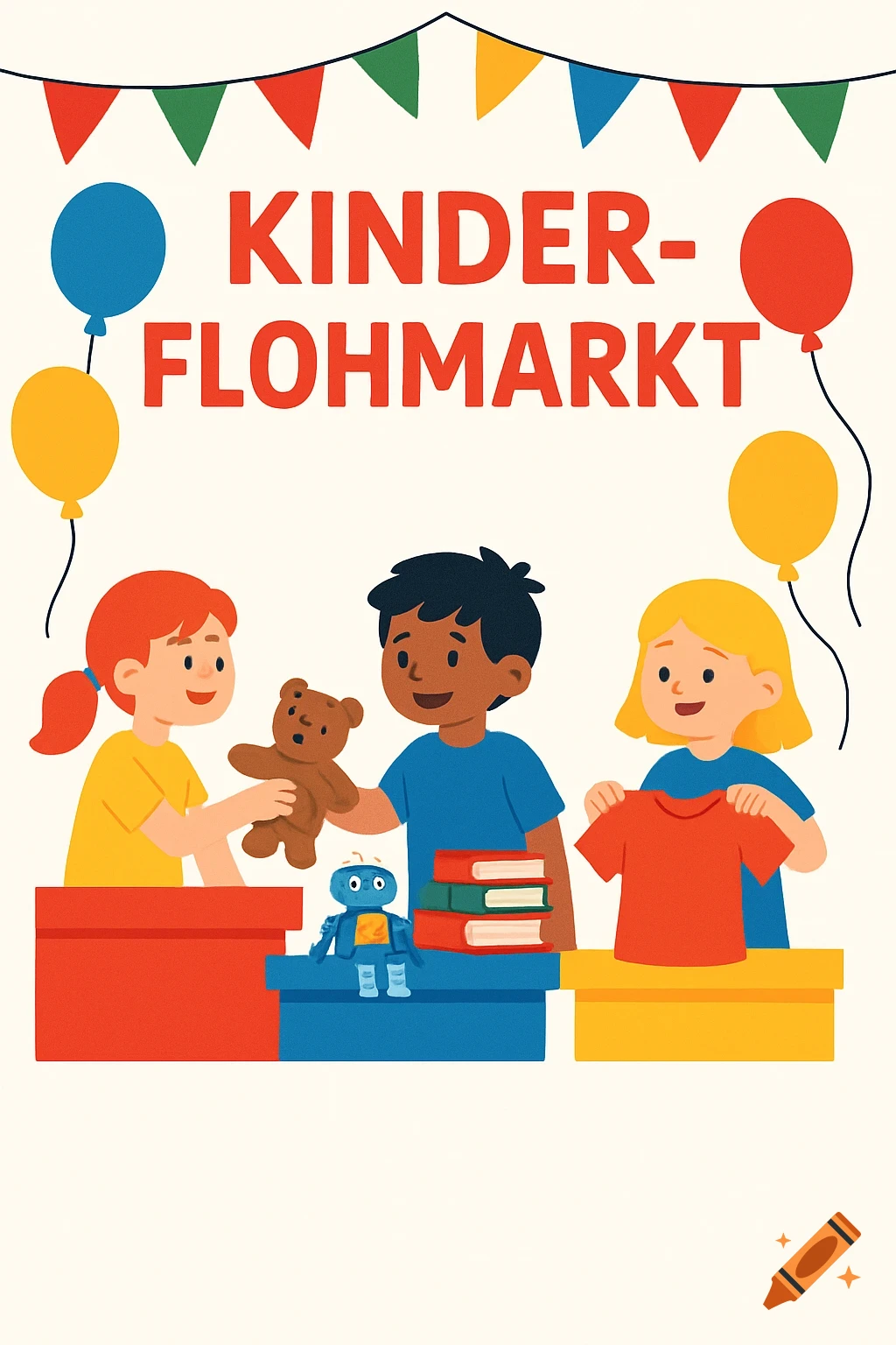 A colorful cartoon illustration of children at a flea market under a banner and balloons, with "KINDER-FLOHMARKT" text.