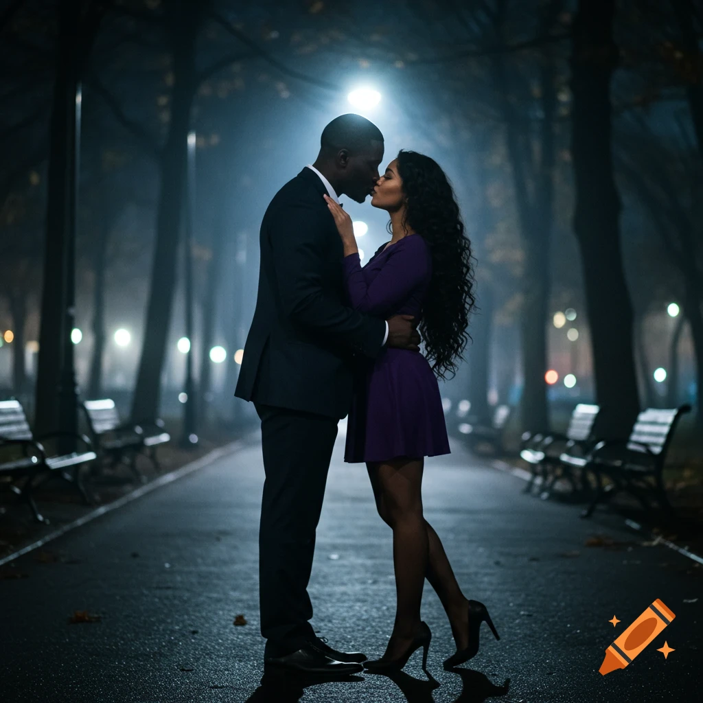 A couple kisses in a dimly lit park at night, illuminated by a street light, with benches visible in the background.
