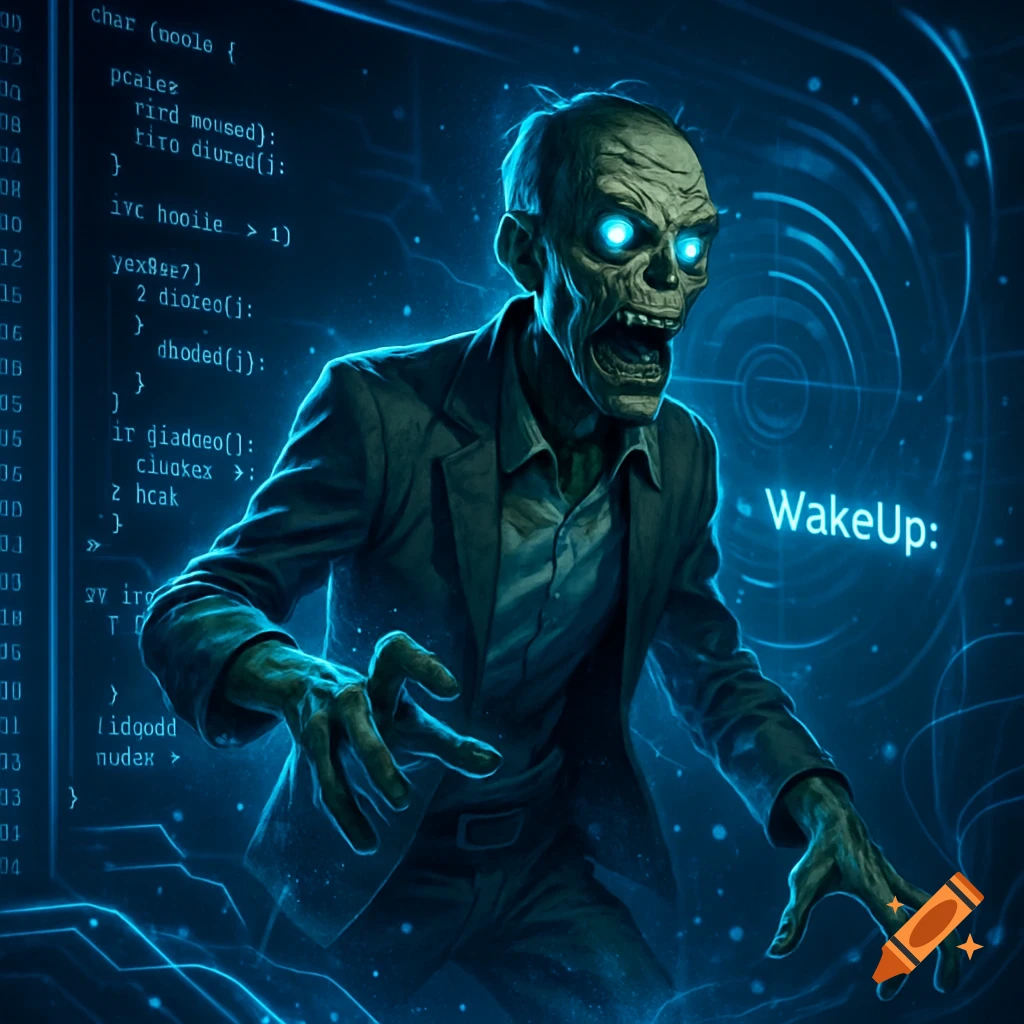 A glowing-eyed zombie in a suit lunges forward against a dark blue background with abstract circuit lines and garbled computer code.