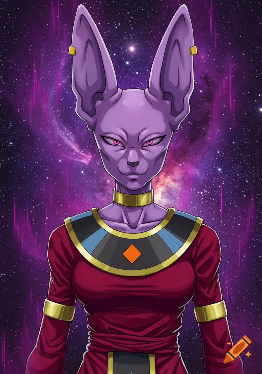 An anime illustration of Beerus, a purple cat-like deity with large ears, in a red and gold robe, set against a galaxy background.