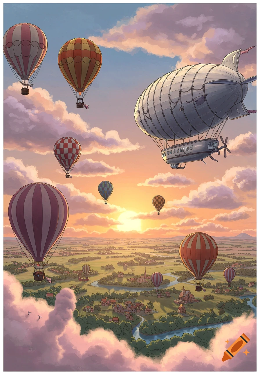 An illustration of a large blimp and numerous hot air balloons floating over a verdant rural landscape at sunset.