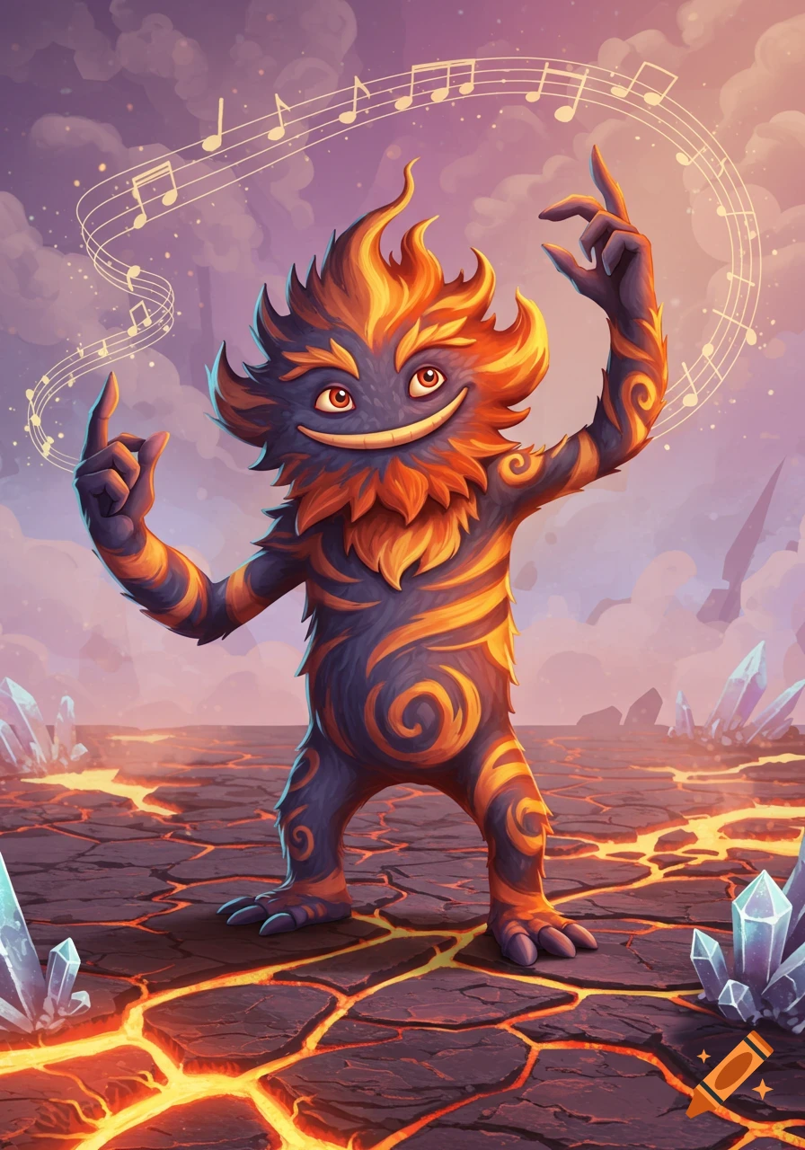 A furry, fiery, blue and orange monster with a big smile stands on cracked lava ground with crystals, musical notes floating around it in a vibrant, stylized illustration.