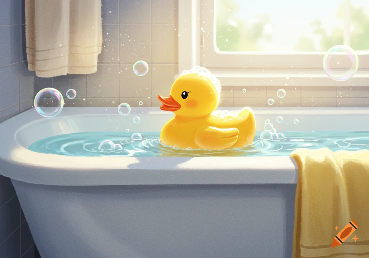 A cute yellow rubber duck floats happily in a bubble bath, with sunlight streaming through a window.