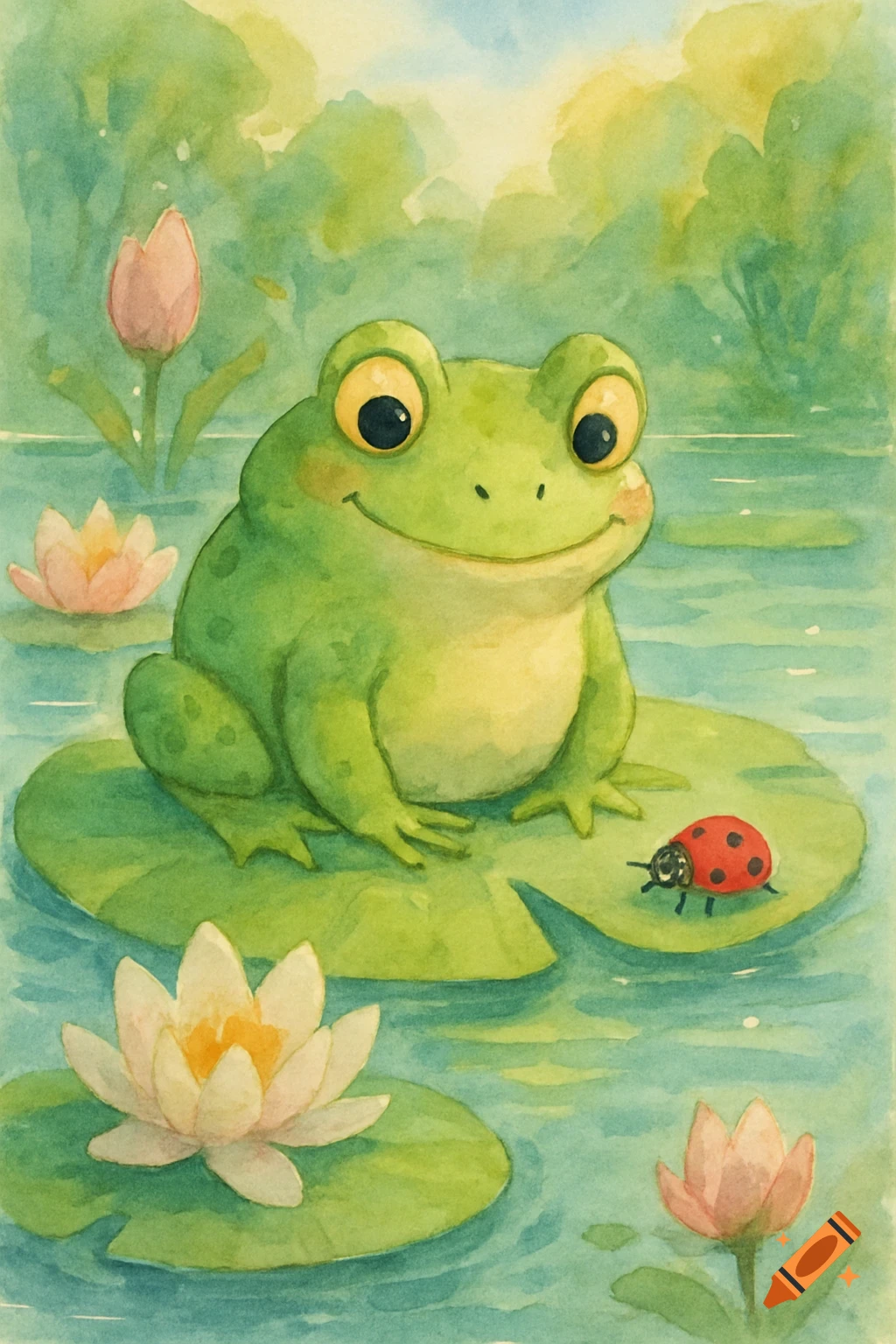 A cute green frog with big eyes smiles on a lily pad with a red ladybug, surrounded by pink and white water lilies in a watercolor style.
