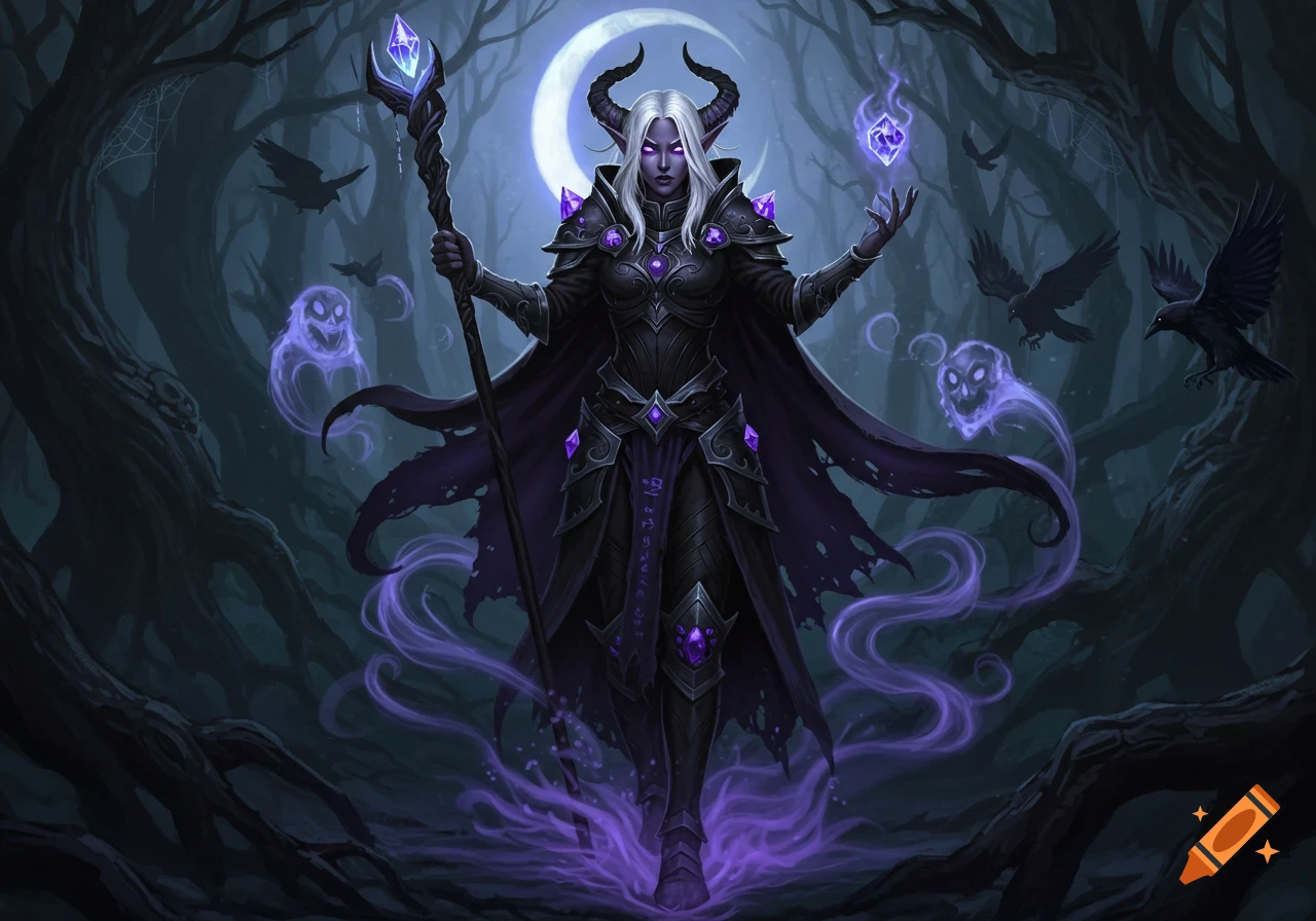 A dark elf warlock with white hair, black horns, and glowing purple eyes stands in a dark forest under a crescent moon, wielding a staff and magic.