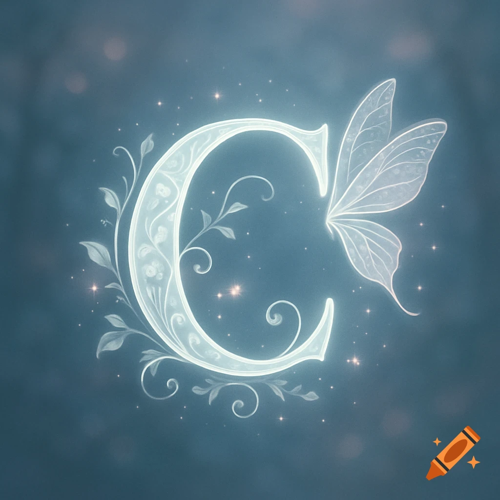 A glowing, ethereal capital letter 'C' adorned with delicate fairy wings, floral vines, and sparkling light on a dark blue background.