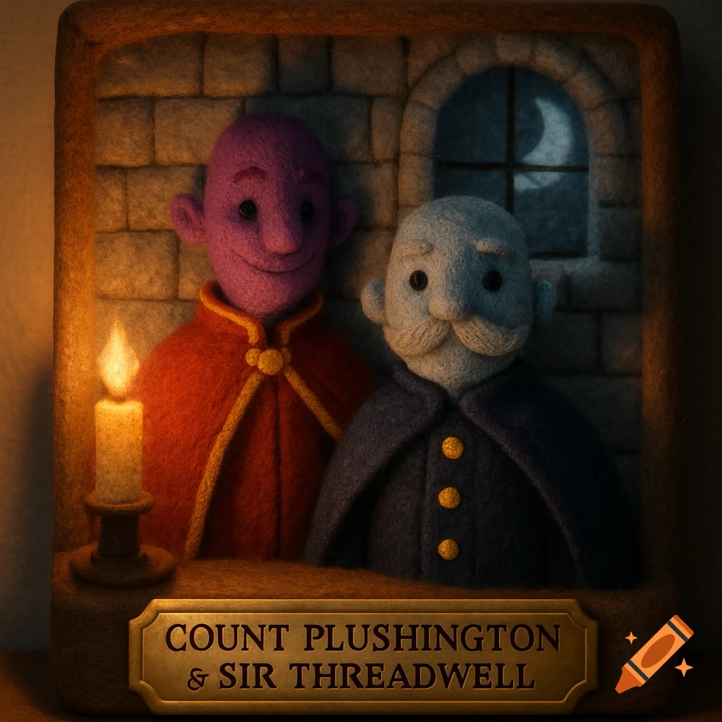 Two felt puppet gentlemen, Count Plushington and Sir Threadwell, stand in a cozy, candlelit castle room. Felt art style.