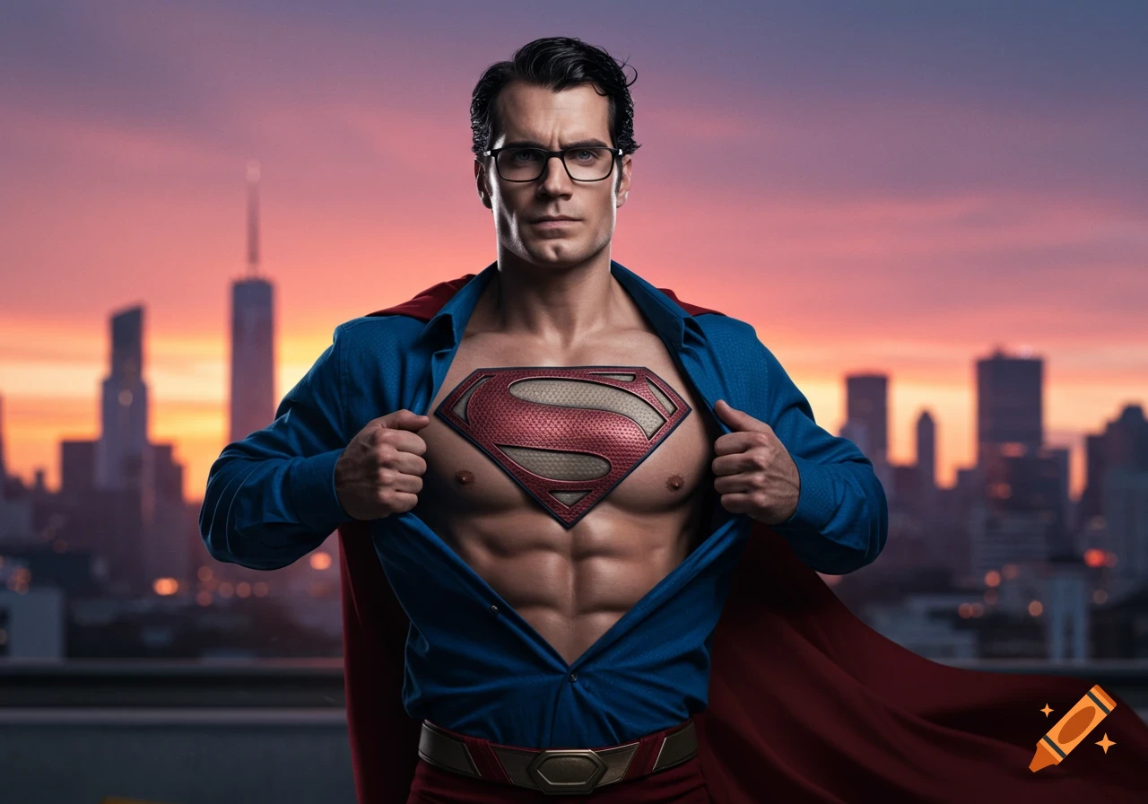 Henry Cavill as Superman in glasses, tearing open his blue shirt to reveal the iconic S-shield on his muscular chest against a sunset cityscape.