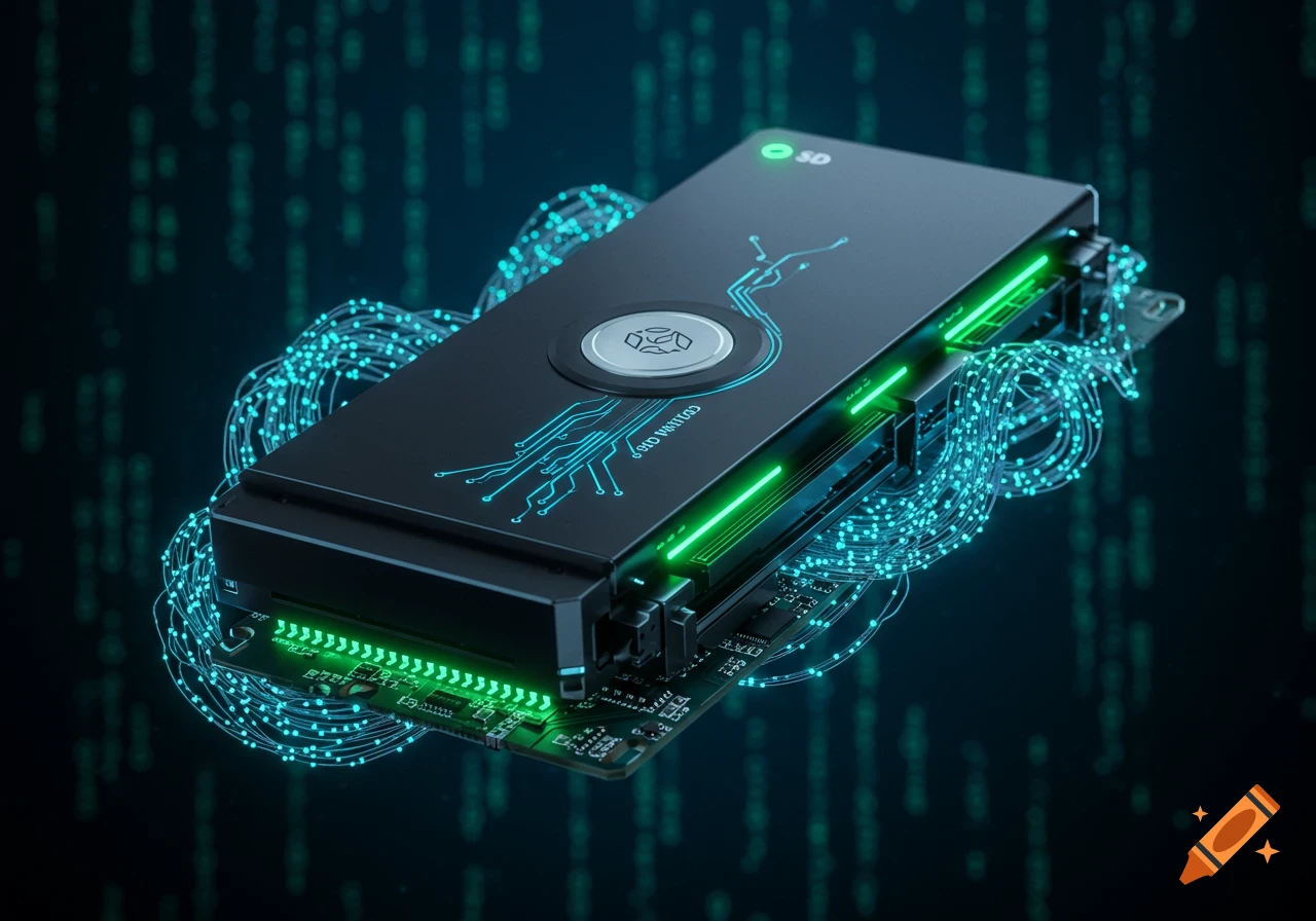 A dark, sleek SSD device with glowing green and blue circuit patterns, surrounded by swirling blue light strands.