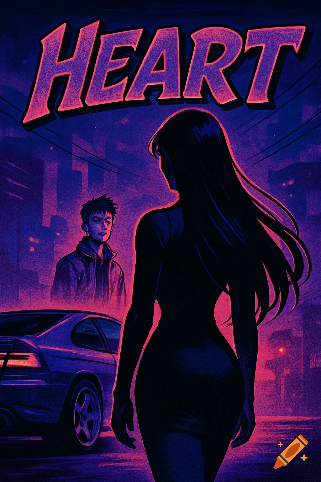 A synthwave-style music cover with 'HEART' written at the top. A woman with long dark hair walks away from a man and a car in a neon city night.