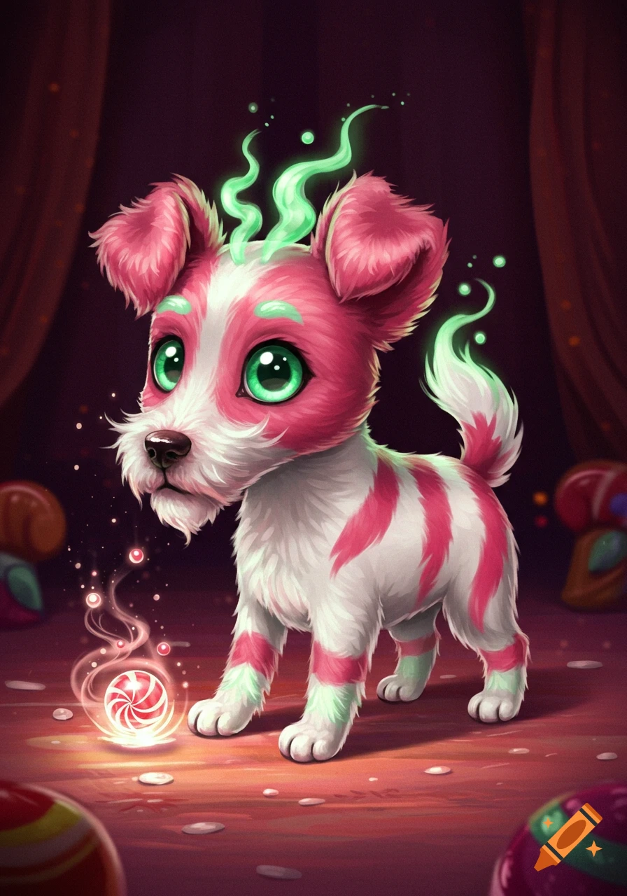 A cute, stylized puppy with pink and white striped fur, large green eyes, and glowing green wisps. It stands next to a glowing peppermint.