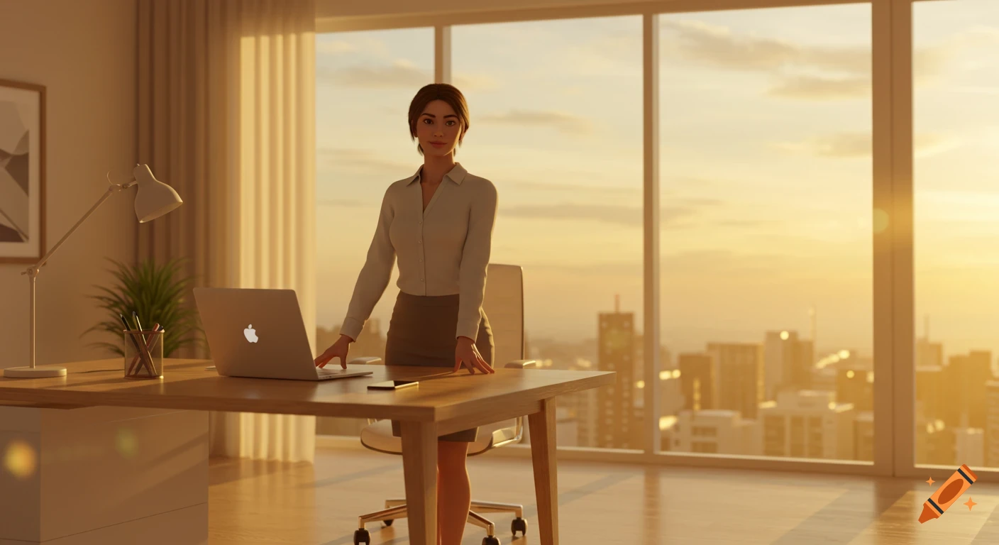 A photorealistic businesswoman stands behind an office desk with a laptop and phone, overlooking a sunset cityscape.