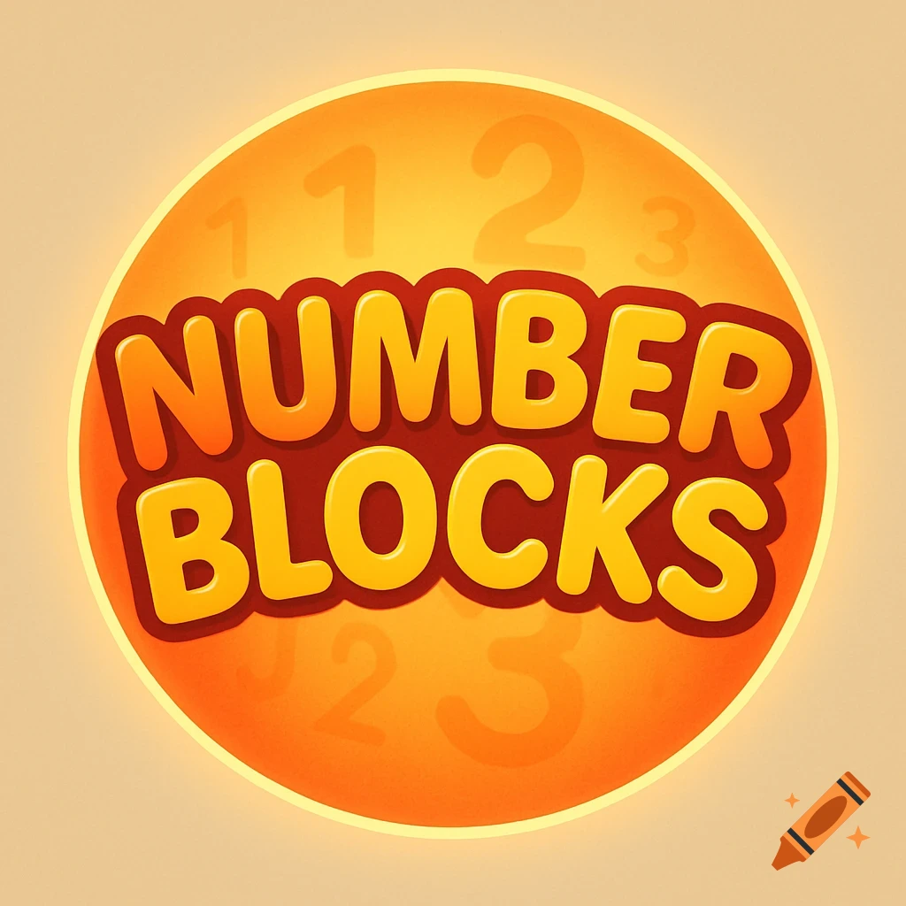 A cartoon logo with the words NUMBER BLOCKS in orange and yellow, on an orange circle with faint numbers.