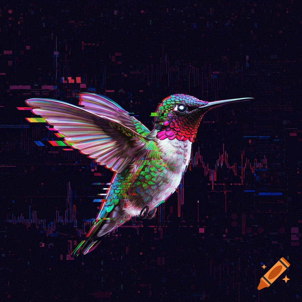 A vibrant glitchcore hummingbird with rainbow interference lines flying against a dark, abstract background with data-like patterns.