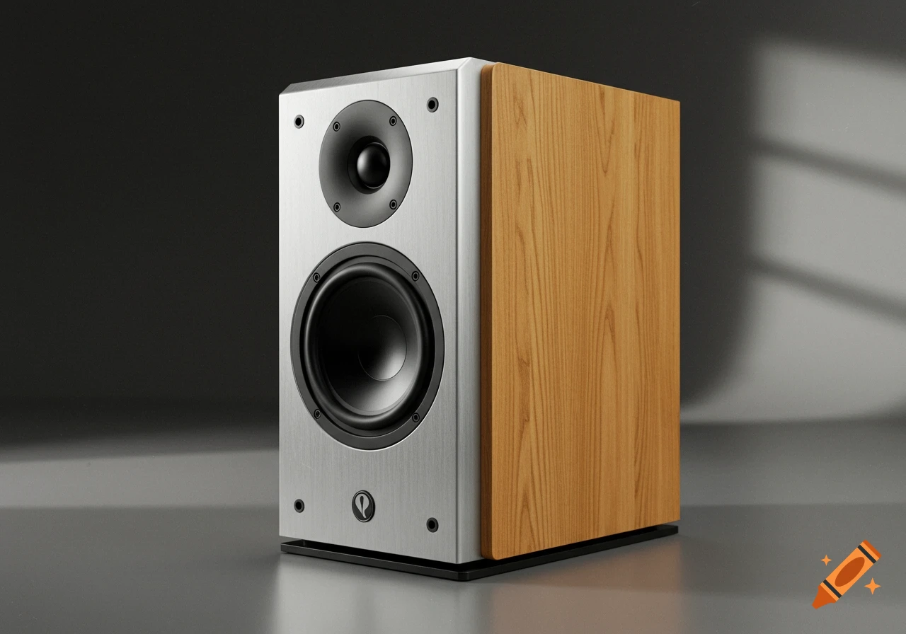A modern bookshelf speaker with a silver front panel, black tweeter and woofer, and light wood grain side panels, against a dark background.