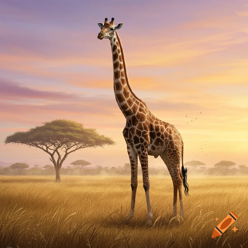 A photorealistic giraffe stands in a golden savanna with scattered acacia trees under a vibrant purple and orange sunset sky.