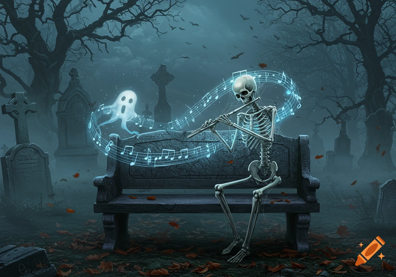 A skeleton plays a glowing flute, with musical notes swirling around a ghostly figure in a misty cemetery at night.